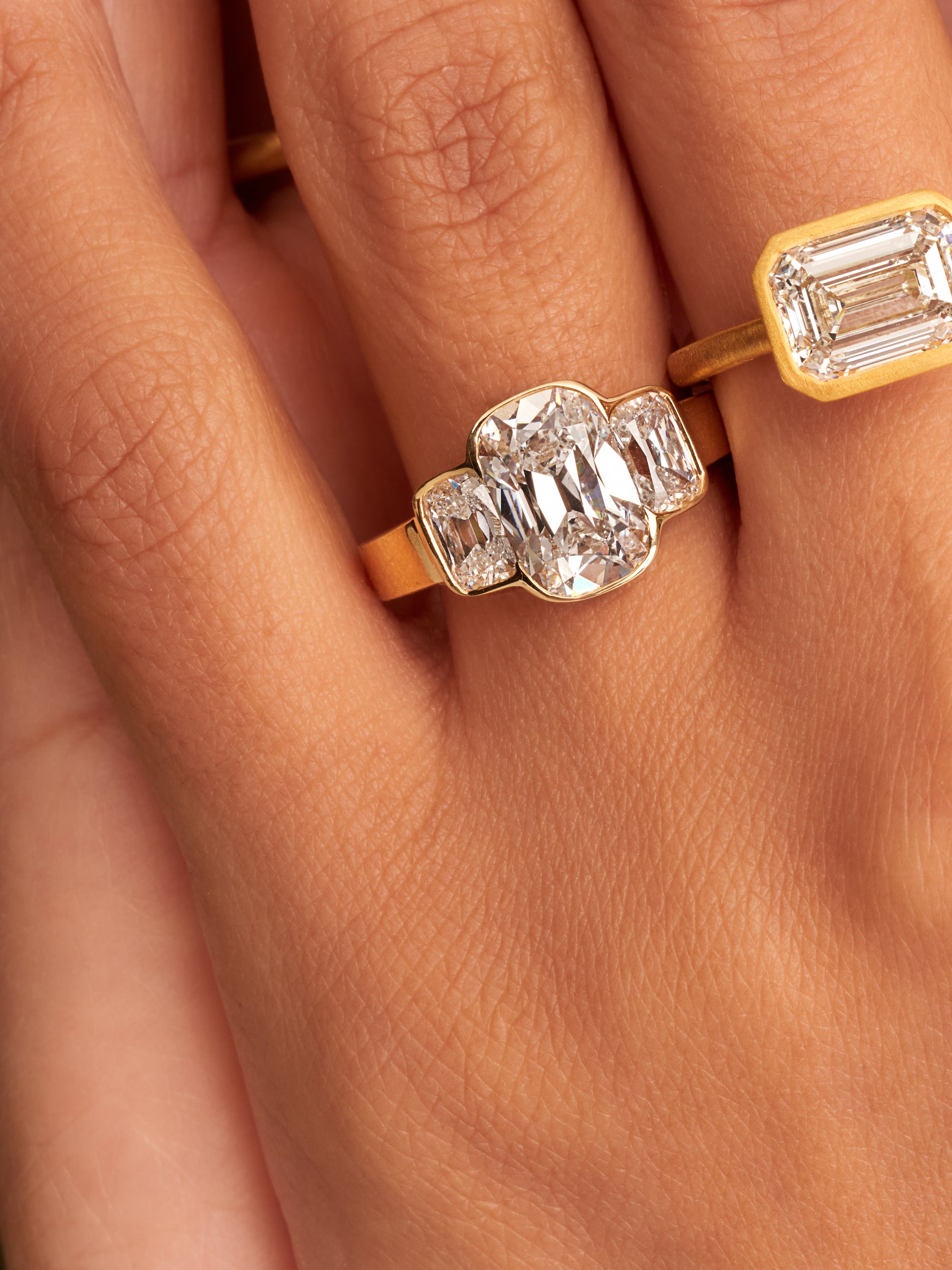 3 Cushion Lab Grown Diamond Ring 14K Gold
