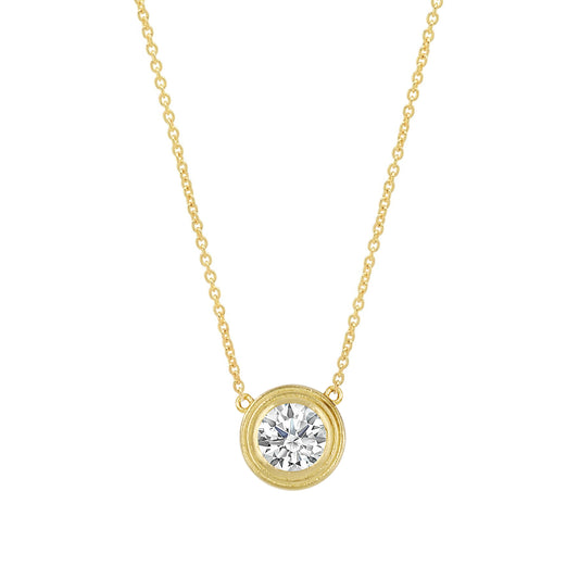 Solitaire Round Diamond Double Bezel Necklace in 14K Gold